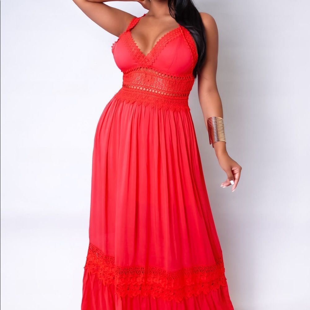 Red Maxi Dress With Crochet Detail - Picture 2 of 8